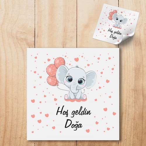etiket sticker Kare Etiket 065 - Fil Tasarım Kız Bebek Etiketi - Otuz9 Reklam