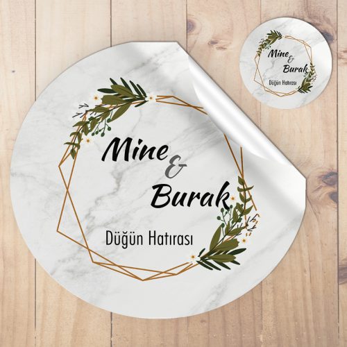 Yuvarlak Etiket 045 - Yeşil Yapraklı Nişan Etiketi