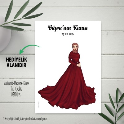 Hediyelik Kartı 0262 - Kırmızı Elbiseli Tesettürlü Kızı Tasarım Hediye Kartı